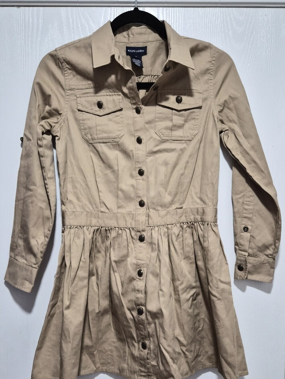 Ralph Lauren Girls Khaki Long Sleeve Collar Button Flare Skirt Dress Size 12